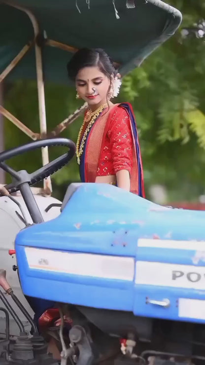 Navy Blue And Red Paithani Cotton Silk Saree With Contrast Blouse And Contrast Plain Pallu With Golden Zari Butta