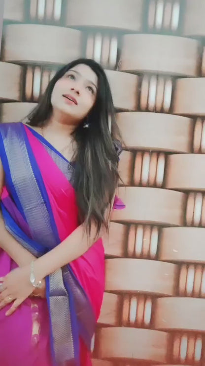 Pink And R.Blue Paithani Cotton Silk Saree With Contrast Blouse And Contrast Plain Pallu With Golden Zari Butta
